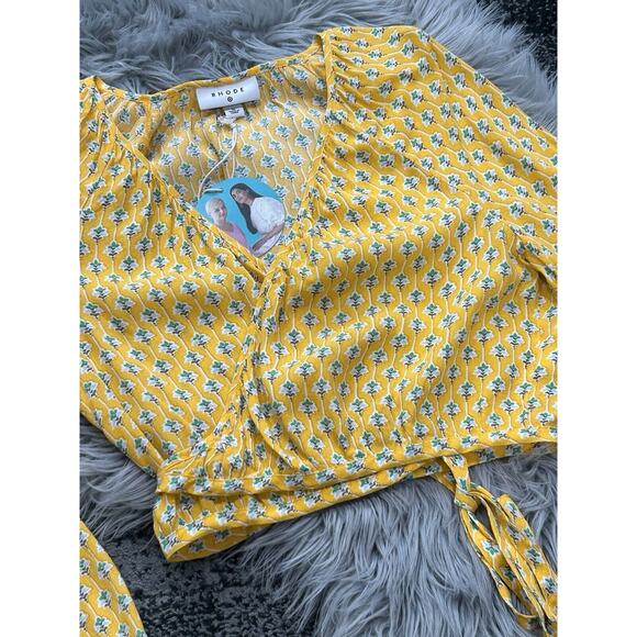 RHODE Women's Dainty Lotus Print Wrap Top Yellow‎ Turquoise Size Medium NWT - Picture 3 of 5